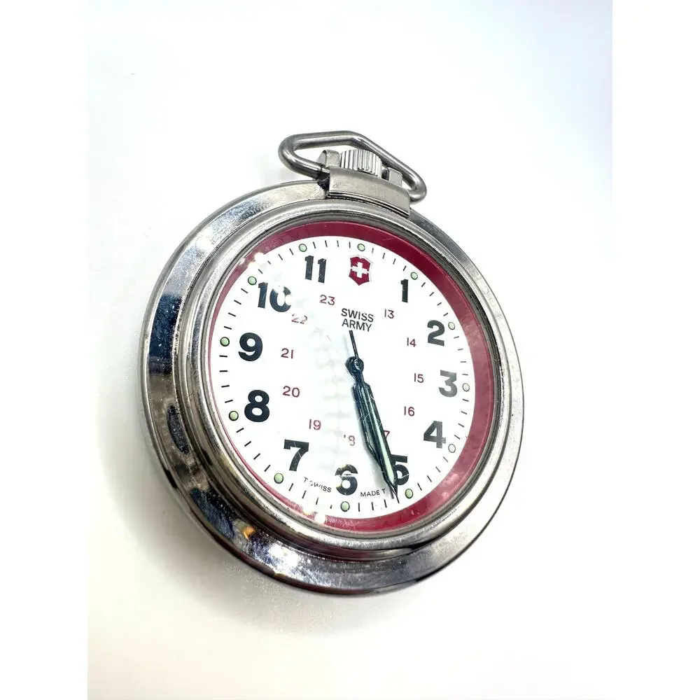 Swiss Army Victorinox silver tone quartz 48mm pocket watch brown leather case